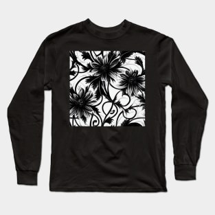 Vintage Floral Cottagecore  Romantic Flower Peony Design Black and White Long Sleeve T-Shirt